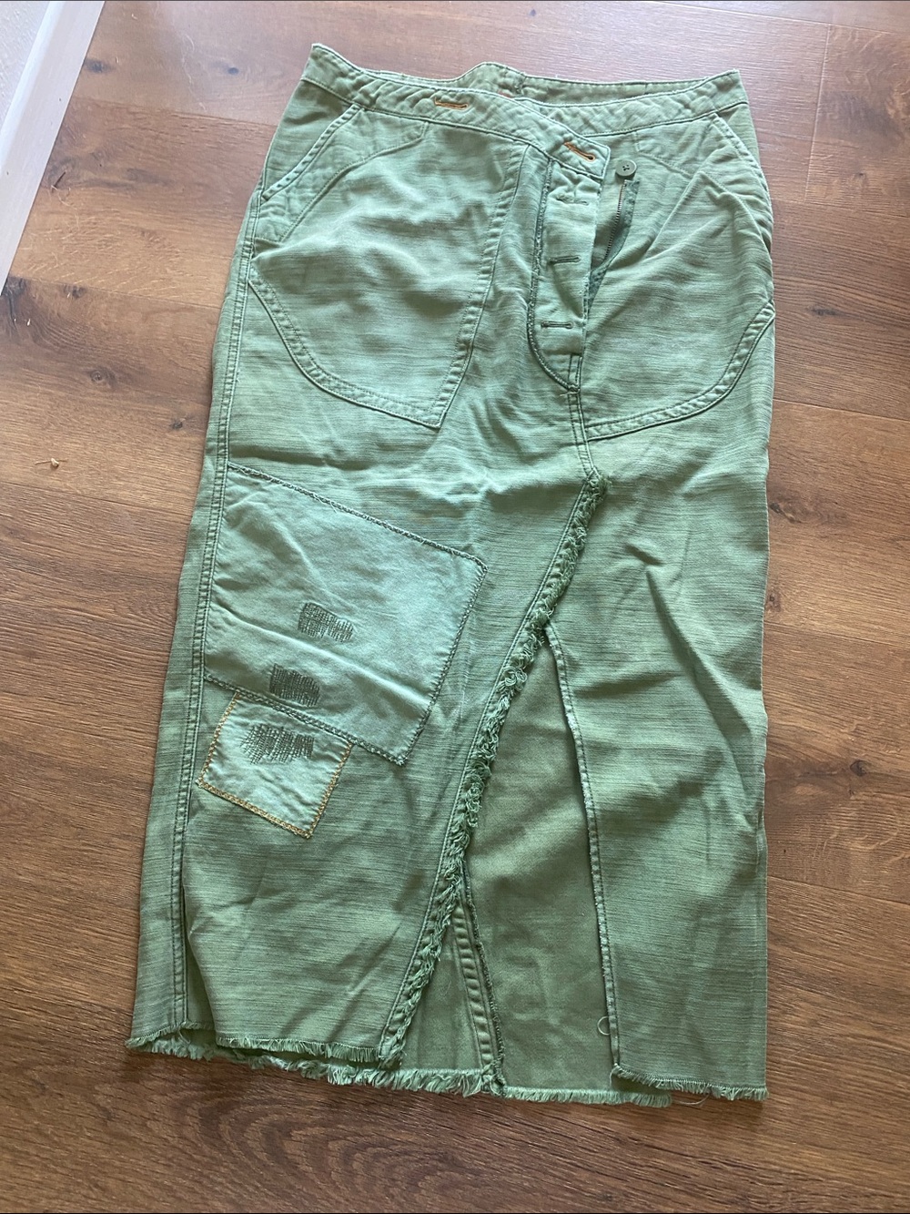 Free People Olive Green Patchwork Midi Skirt